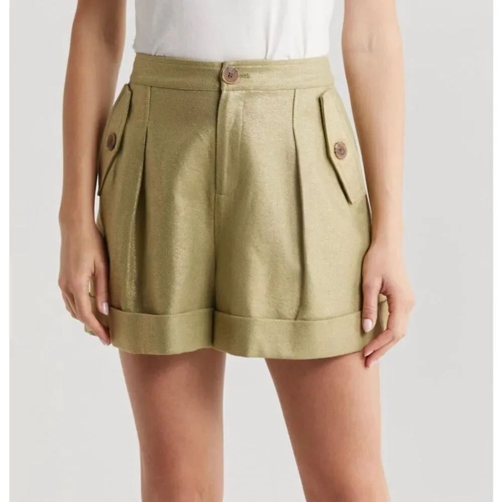 L'AGENCE Safari High Waist Linen Blend Shorts Beige/Gold NEW US 6 MSRP $425